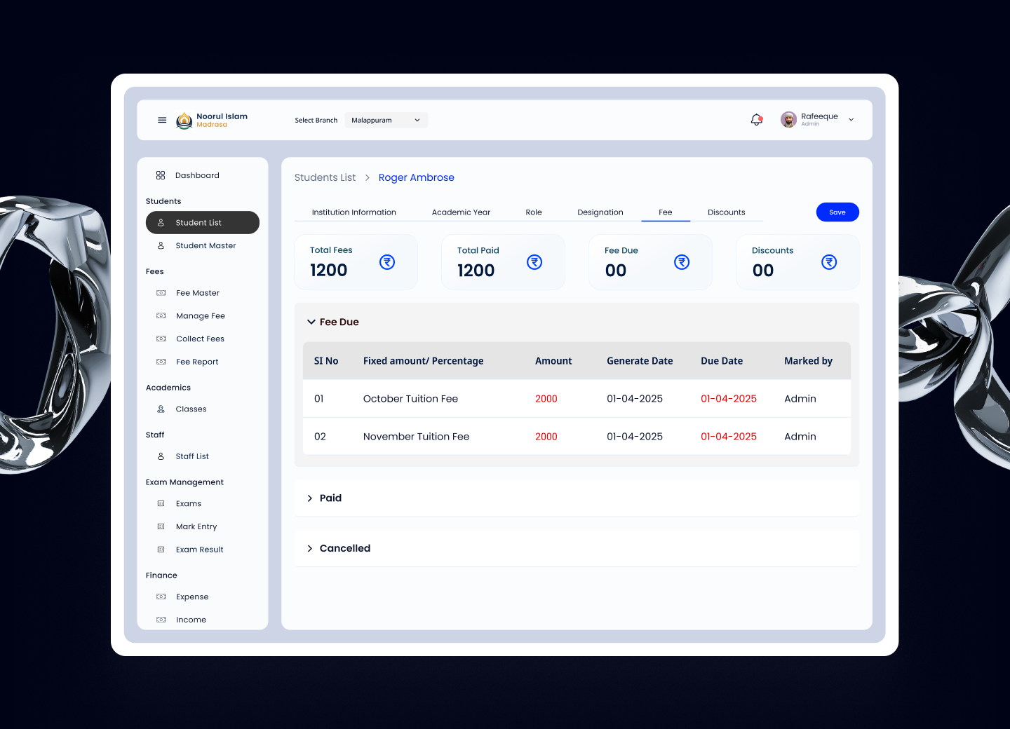 Exam Management Screen